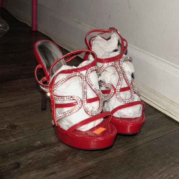 A pair of red women's heels shoes with rhinestone straps. (All sizes available) - Picture 2 of 4